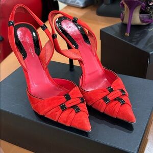 Donna Karan Red Suede Pointed-Toe Slingback Heels with Glossy Black Accents